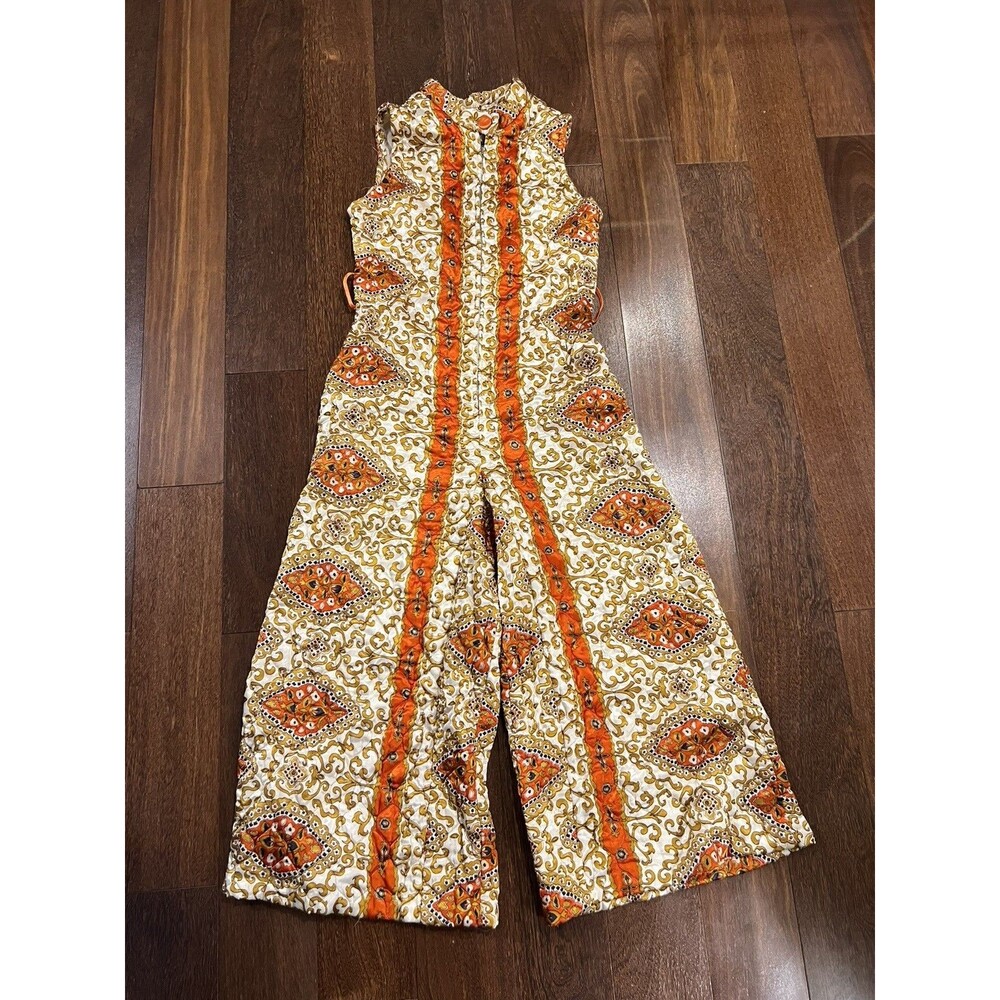 VTG Quilted Sleeveless Bellbottom Disco Mod Jumpsuit Orange 1970s 70s